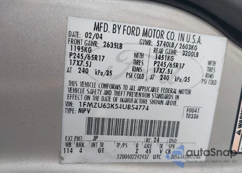 2004 Ford Explorer Xlt z USA, uszkodzony, nr VIN 1FMZU63K54UB54774